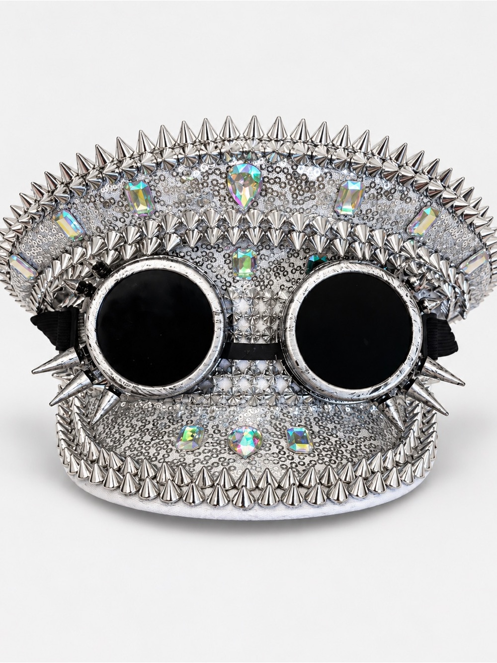 Silver Studded Festival Captain Hat w/ Goggles | Rave Steampunk